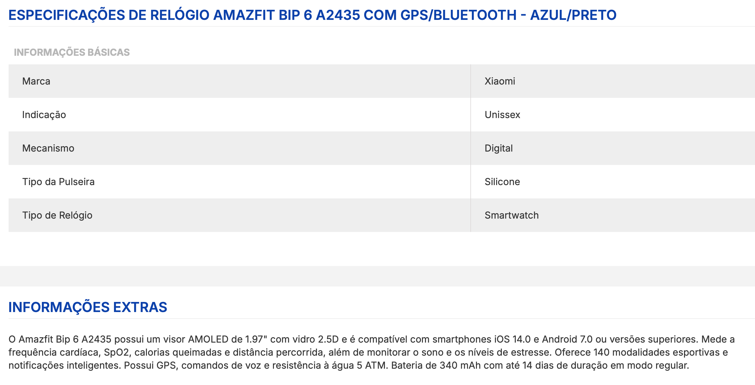 Relógio Xiaomi Amazfit Bip 6 A2435  Azul/Preto