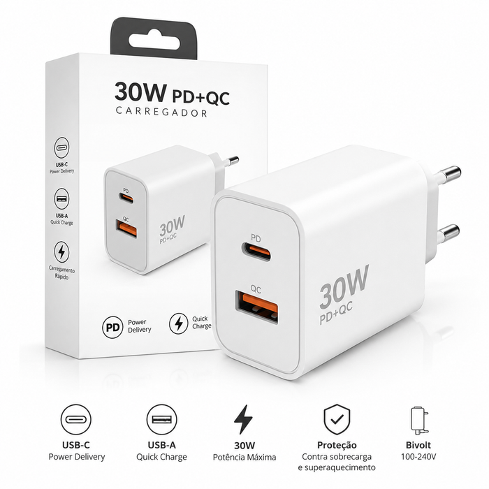 CARRREGADOR 30W PD + QC BRANCO
